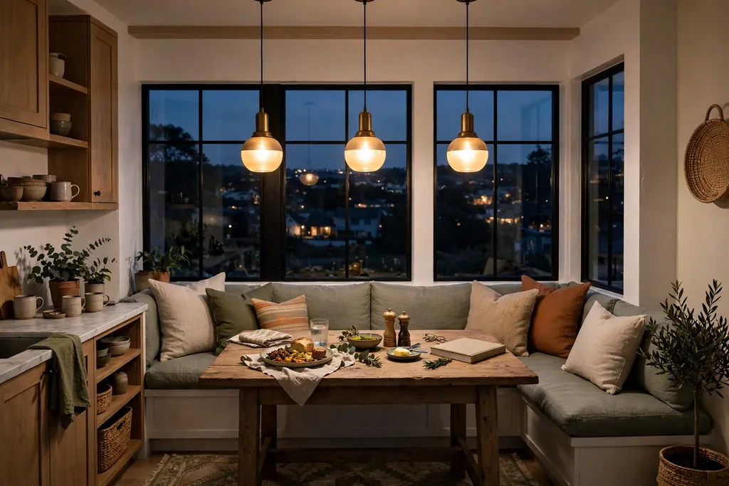 Kitchen nook table lit by pendant lights in the evening.