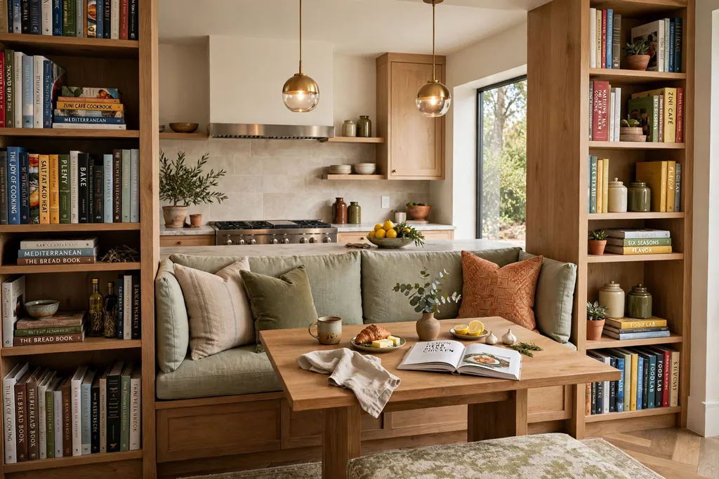 Kitchen banquette nook with bookshelves holding cookbooks at the ends.