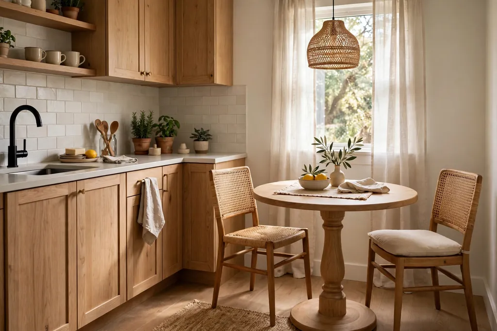 Small kitchen corner with a round pedestal table and two chairs.