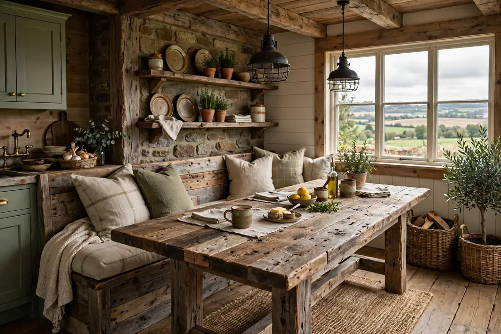 Rustic kitchen nook with a reclaimed wood table and bench.