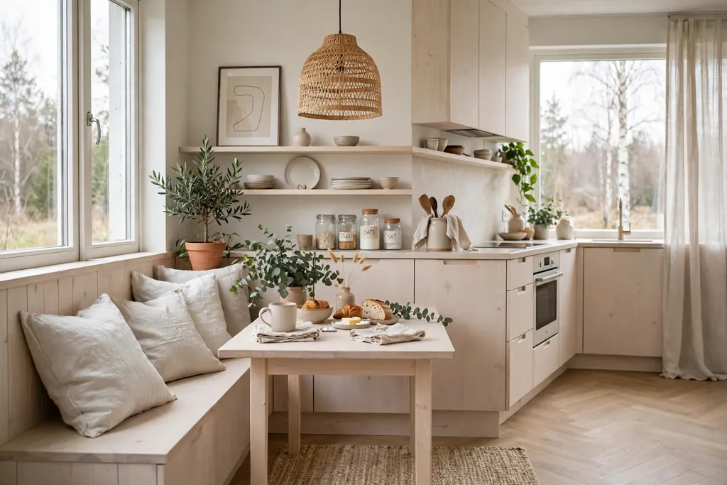Light Scandinavian kitchen nook with pale wood furniture and linen cushions.
