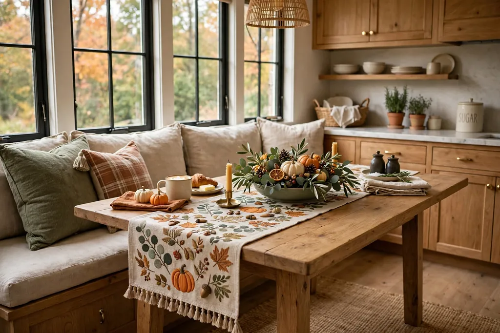 Kitchen nook dressed with a seasonal table runner and a low centerpiece.