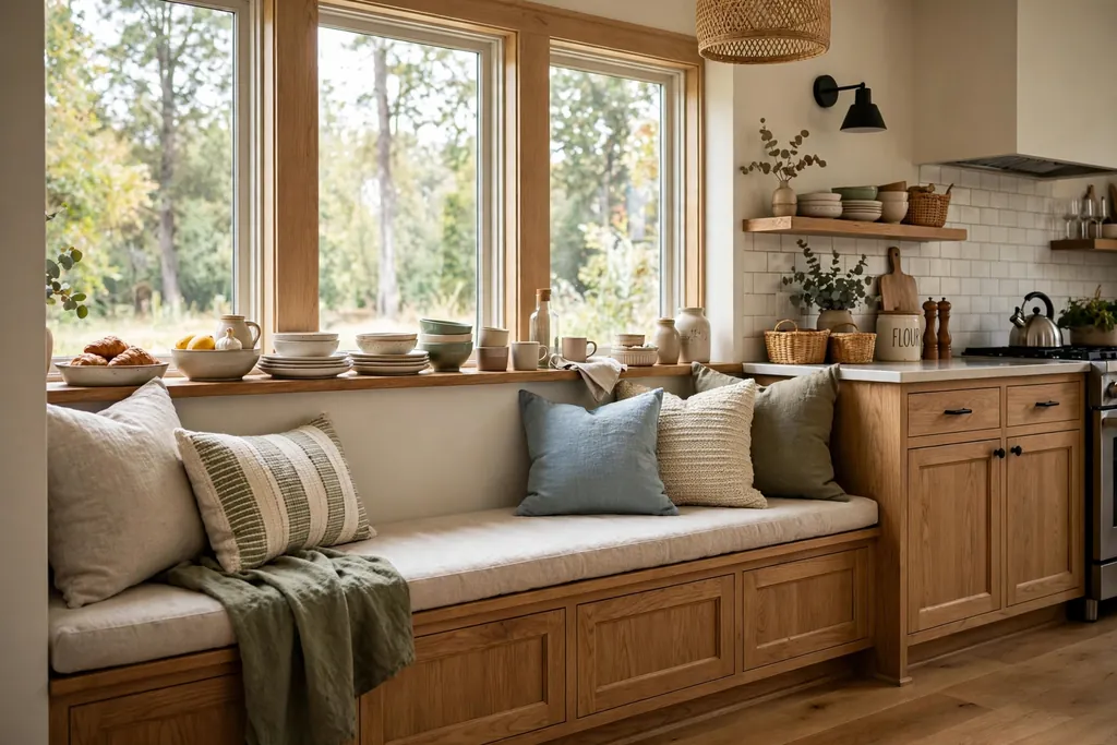 Kitchen nook with a narrow serving ledge behind the bench holding dishes.