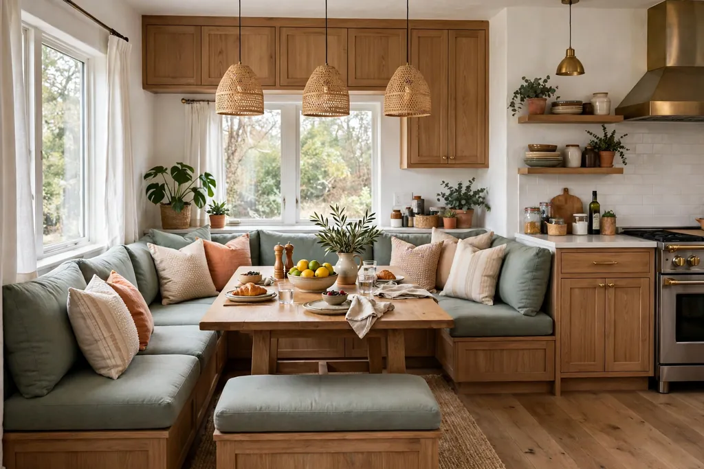 Kitchen corner with a U-shaped banquette bench around a table.