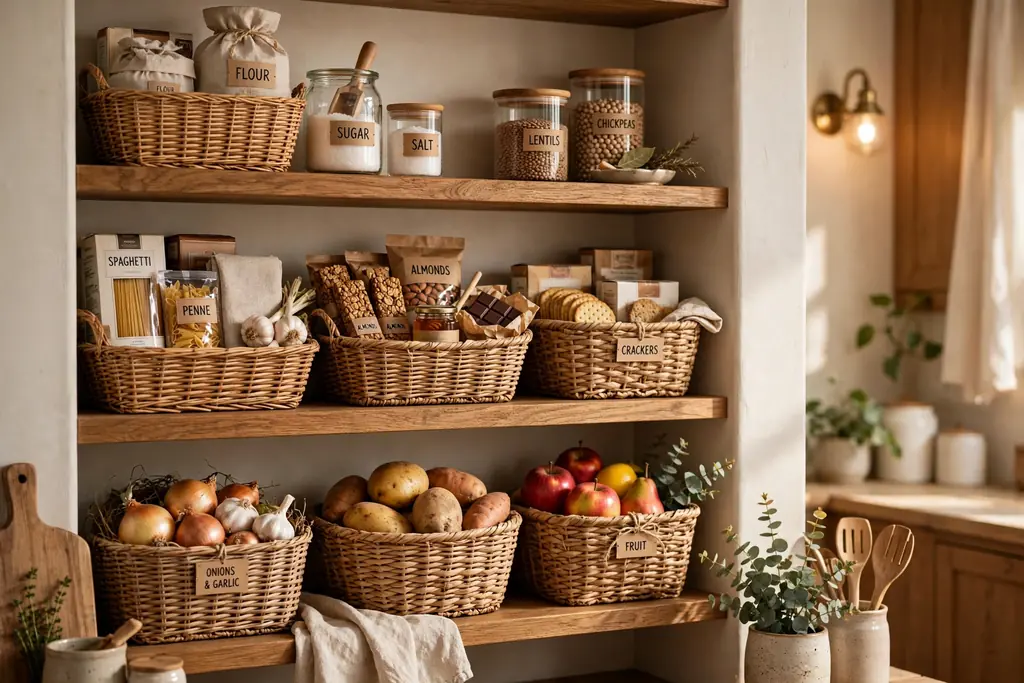 Kitchen pantry shelves with woven baskets holding grouped food items.