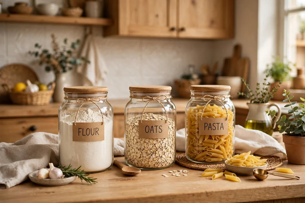 Kitchen counter with matching glass jars with wooden lids holding flour, oats, and pasta.