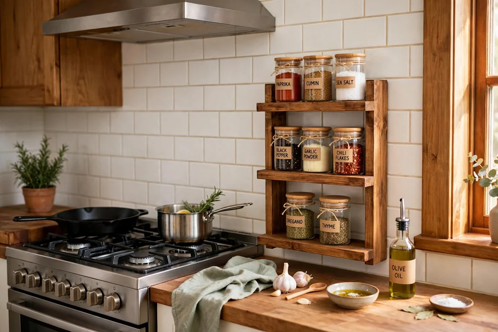 Kitchen wall with a tiered wooden spice rack beside the stove holding small jars.