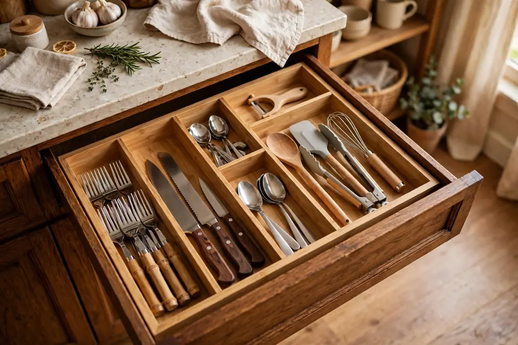 Open kitchen drawer with bamboo dividers holding cutlery and cooking tools.