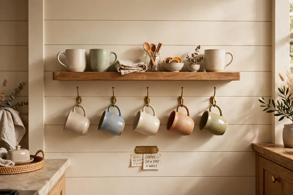 Kitchen wall with an open mug shelf and hooks below holding ceramic mugs.