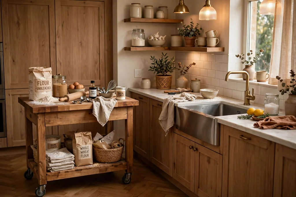 Kitchen with a rolling wood-top cart holding baking supplies beside a counter.