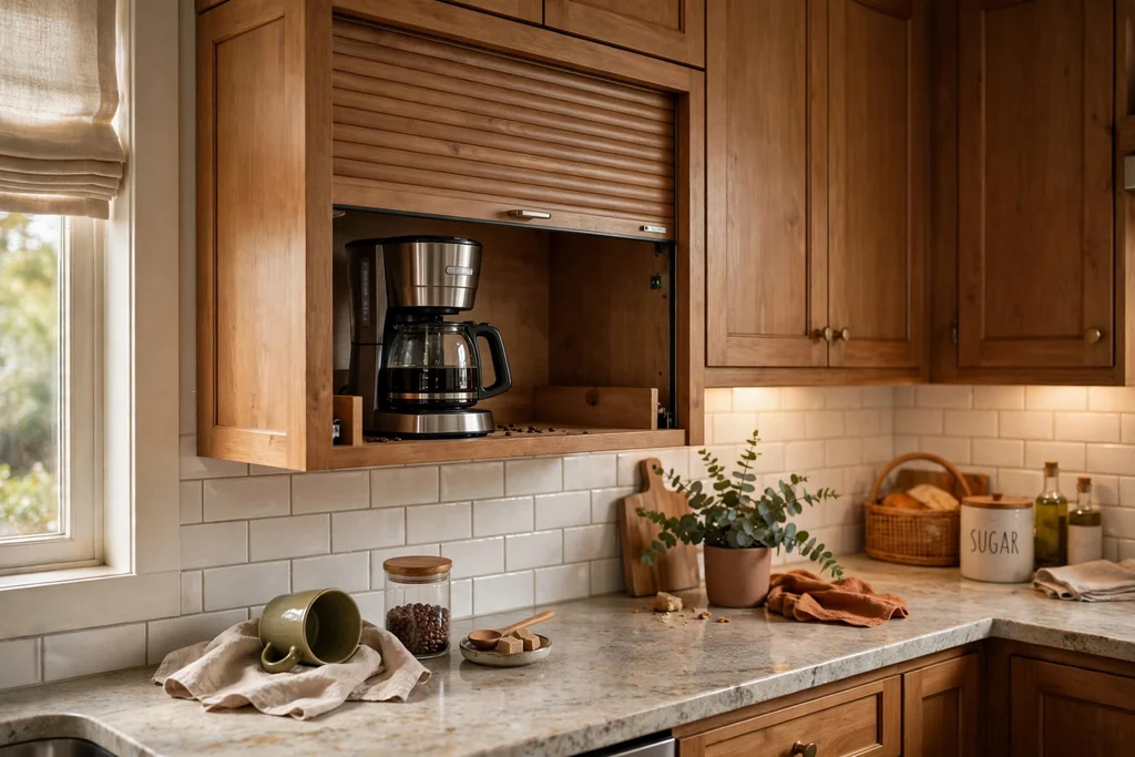 Kitchen counter corner with a warm wood appliance garage door open over a coffee maker.