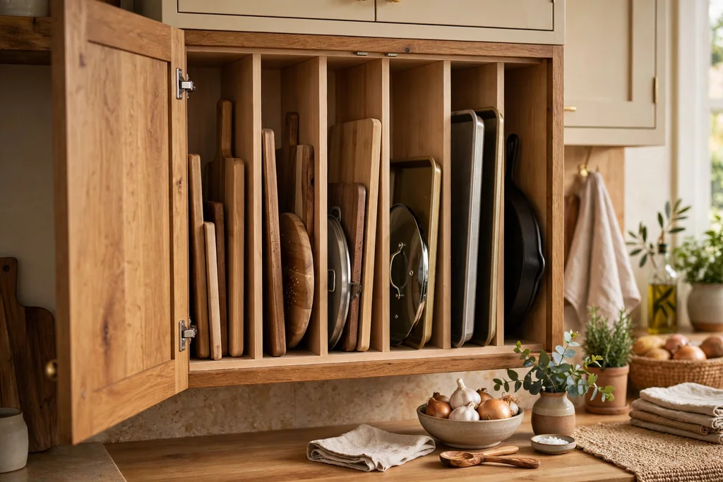 Open kitchen cabinet with upright dividers holding cutting boards, trays, and lids.