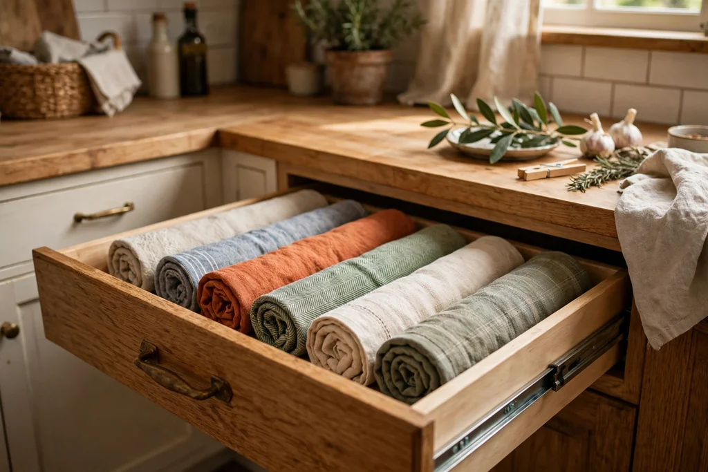 Open kitchen drawer with rolled tea towels and cloth napkins in a row.