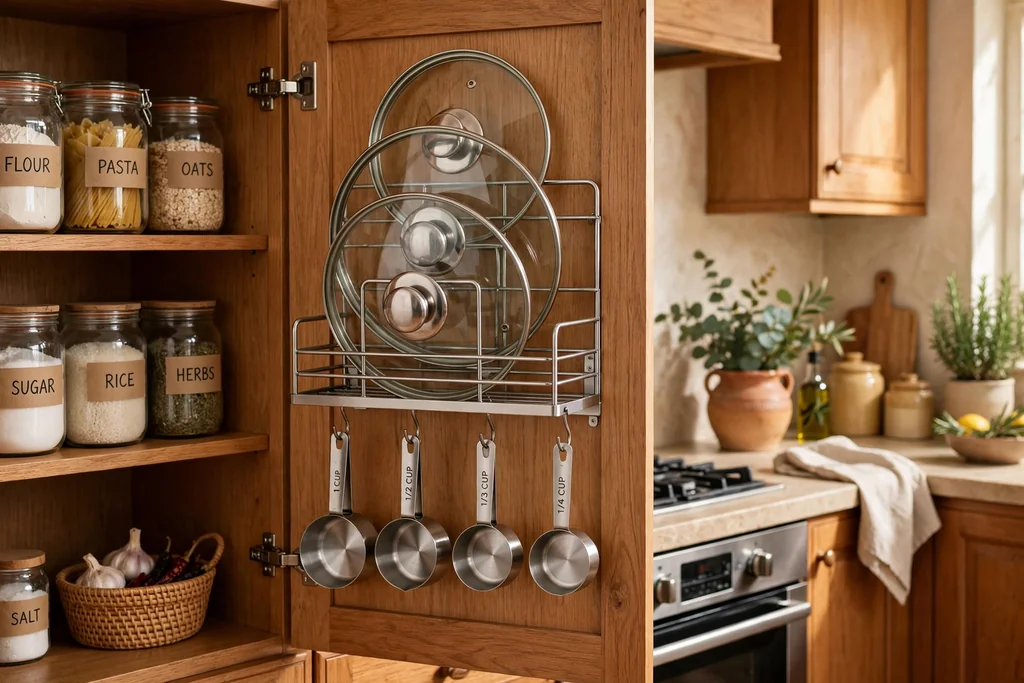 Open kitchen cabinet door with a small rack holding pot lids and measuring cups.