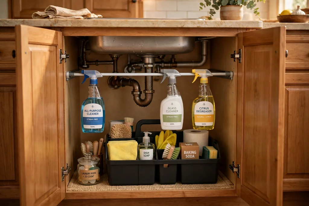 Under-sink kitchen cabinet with a caddy and a tension rod holding spray bottles.