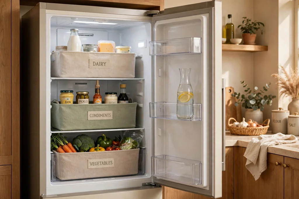 Open fridge with soft-toned labeled bins holding dairy, condiments, and vegetables.