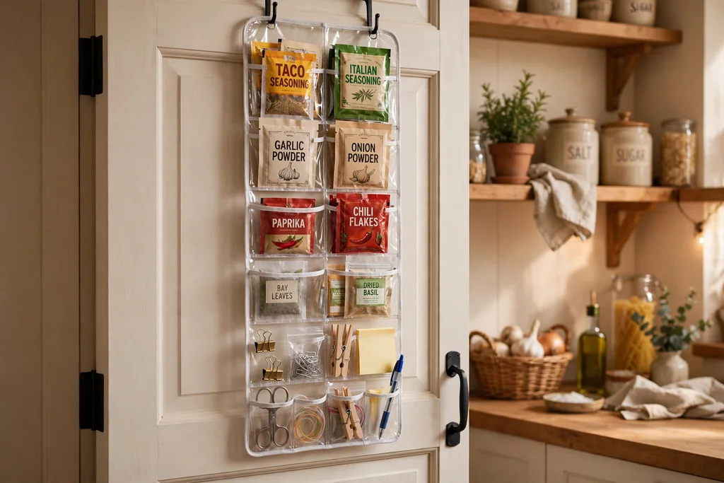 Pantry door with a clear pocket organizer holding seasoning packets and small supplies.