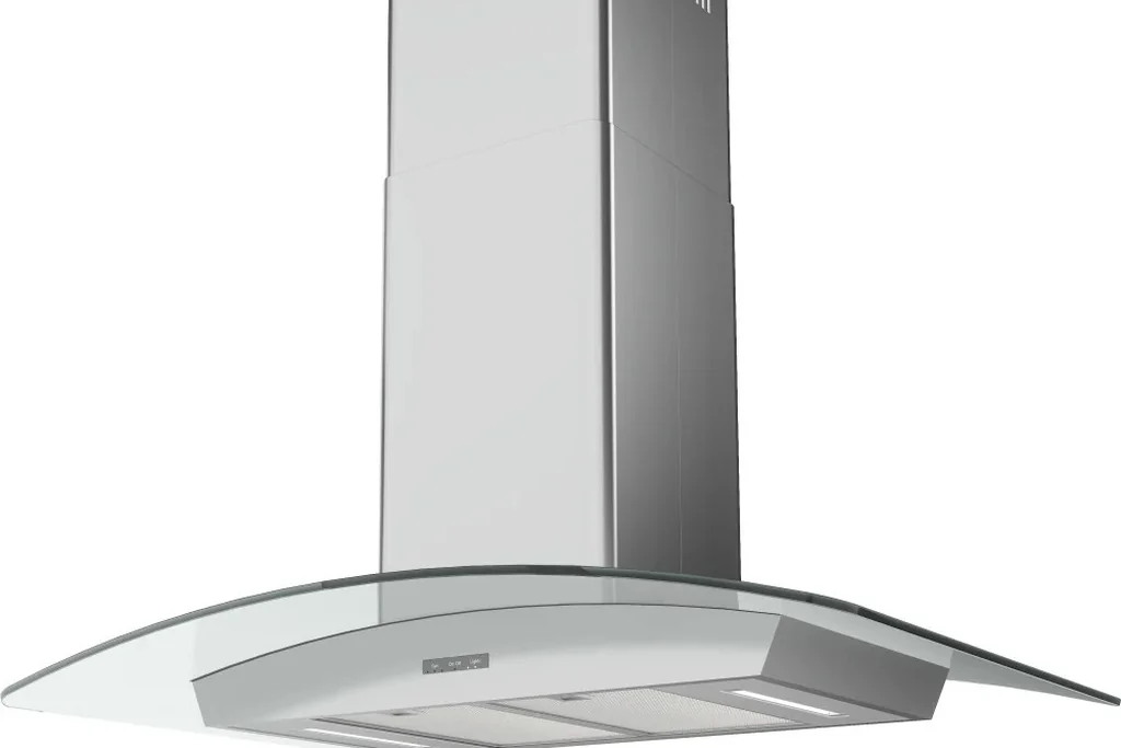 Curved glass canopy island range hood with a stainless steel chimney.