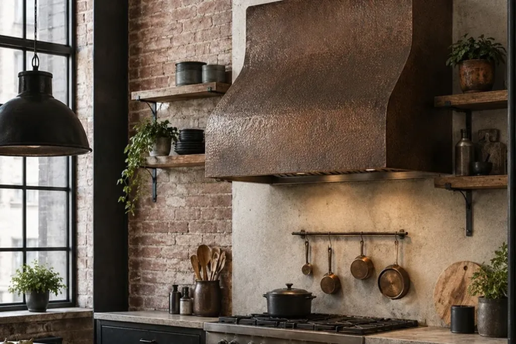 Hammered copper range hood over a stove in a rustic kitchen with brick walls.