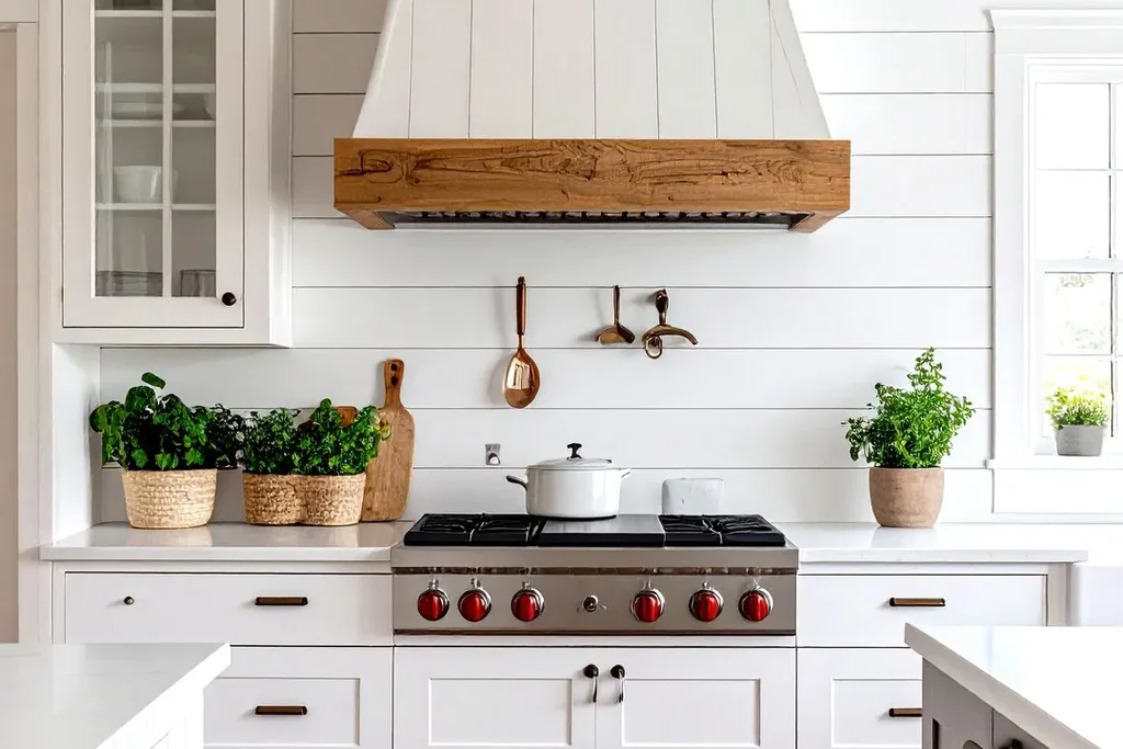 White vertical shiplap range hood with a wood beam trim over a kitchen range.