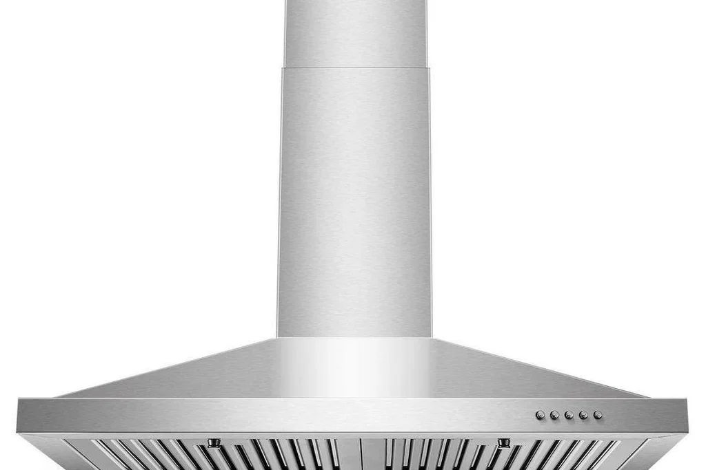 Stainless steel canopy range hood with a wide chimney and baffle filters.