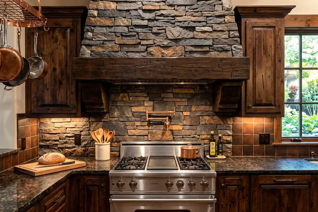 Stone veneer range hood surround with a thick wood beam mantel over a range.