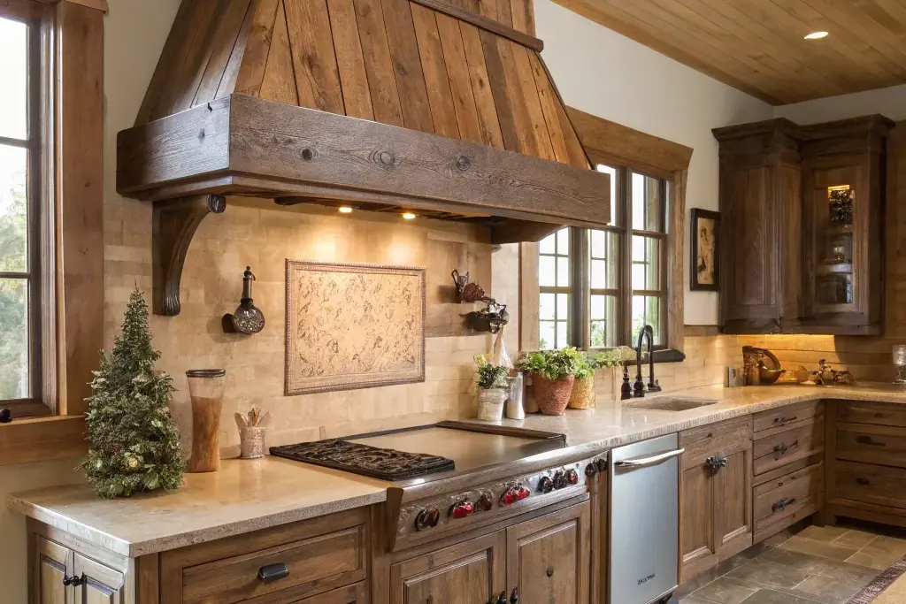 Wood range hood with a thick reclaimed beam trim over a large kitchen range.