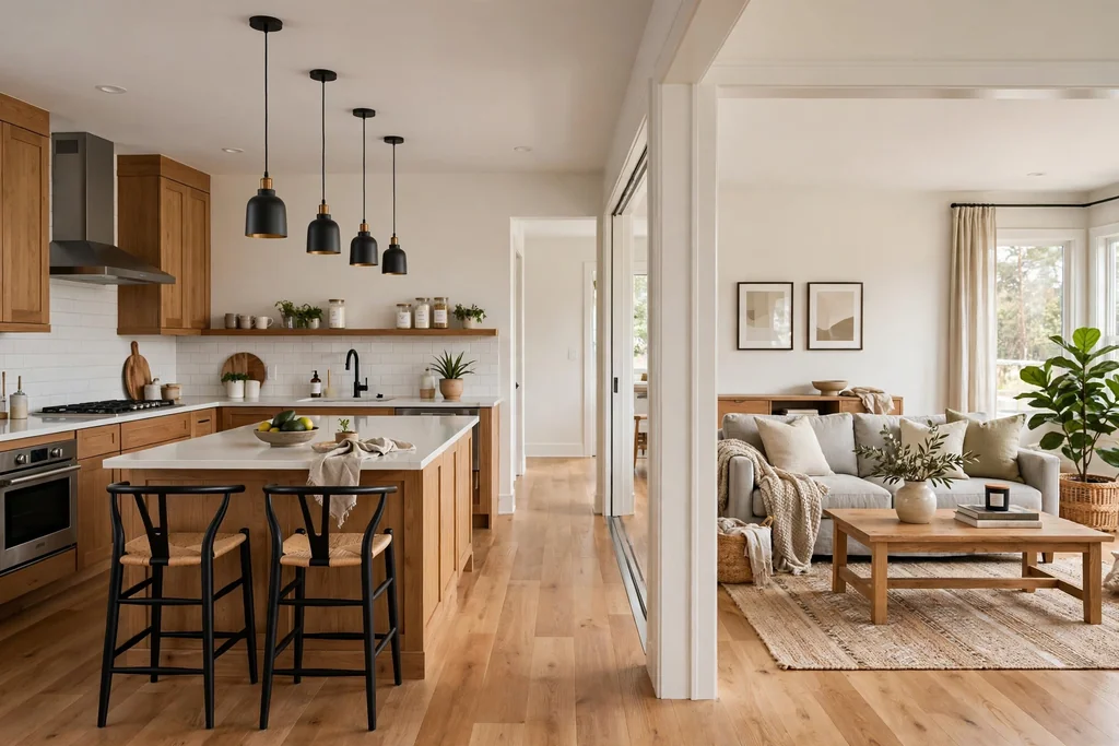 Open plan kitchen joined to a living area through a wide cased opening.