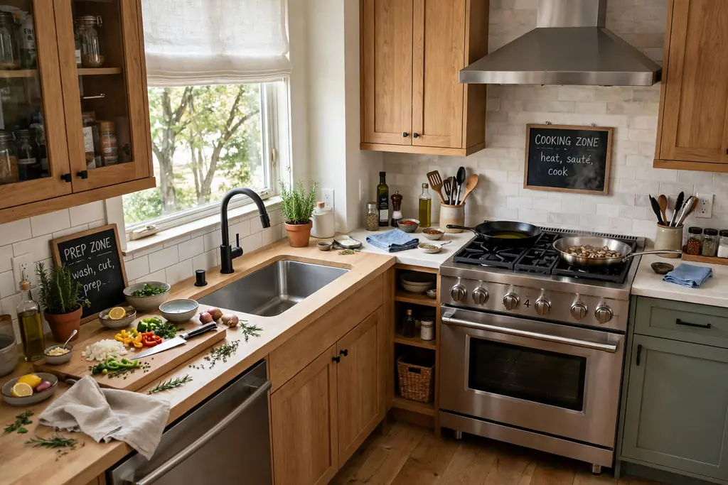 Kitchen laid out in cooking zones with a prep area beside the sink.