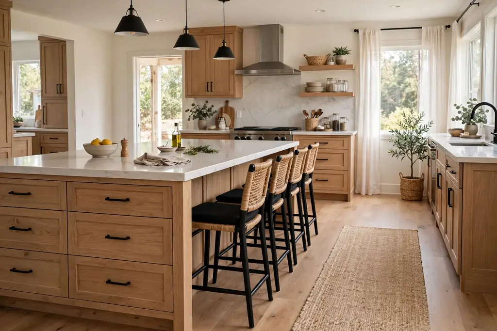 Kitchen island with seating stools and drawers, with a clear walkway beside it.