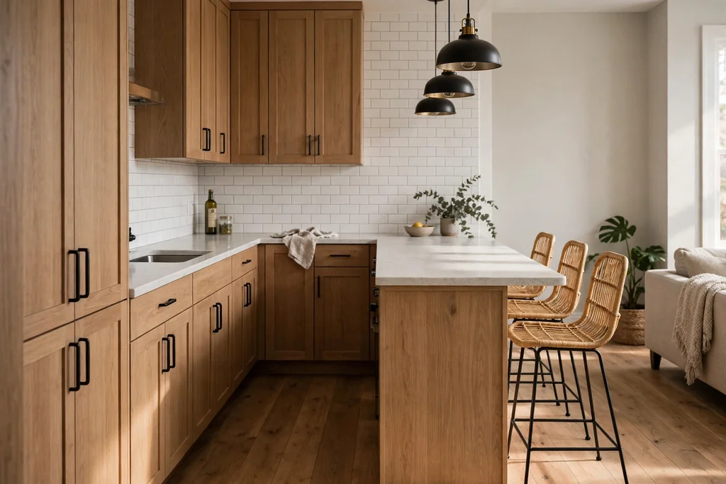 Peninsula counter fixed to a cabinet run in a narrow kitchen with seating on the outer side.