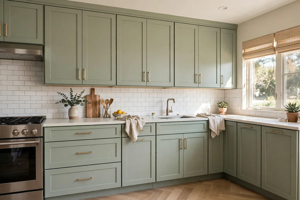 Kitchen cabinets with new shaker doors and drawer fronts on existing cabinet boxes.