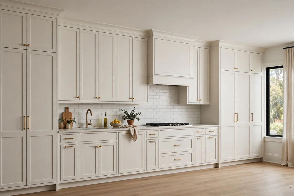 Full height kitchen cabinets reaching the ceiling with a simple cornice on top.