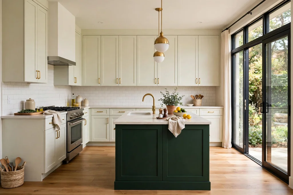 Two tone kitchen cabinets with pale upper cabinets and a deep green island.