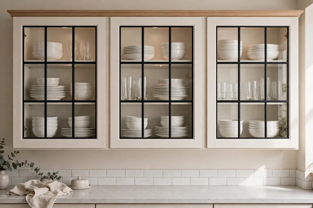 Glass front upper kitchen cabinets showing white dishes and glasses.
