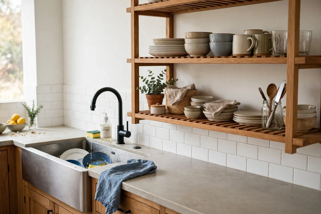 Open wood shelves on one kitchen wall holding daily dishes beside a sink.