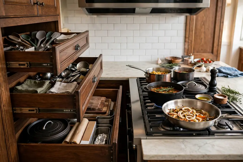 Deep kitchen drawers pulled open beside a stove holding pots and pans.