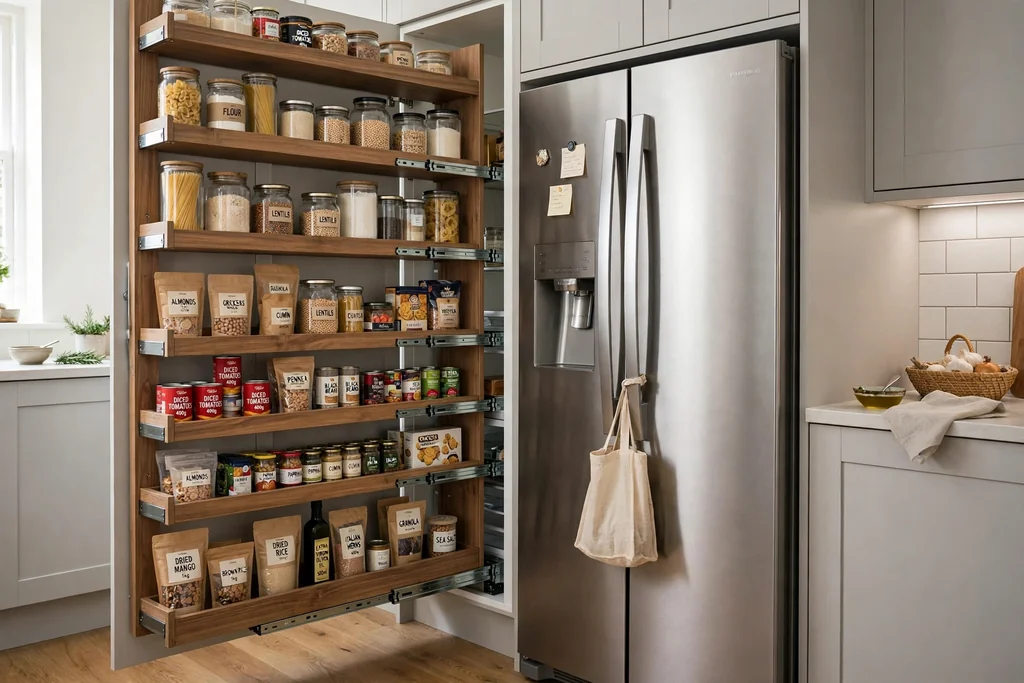 Tall pull out pantry tower open beside a fridge showing shelves of dry goods.