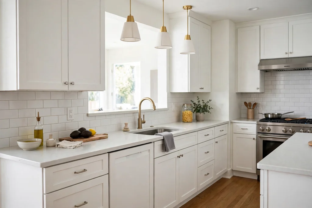 Kitchen with pale quartz counters, white cabinets, and a simple backsplash.