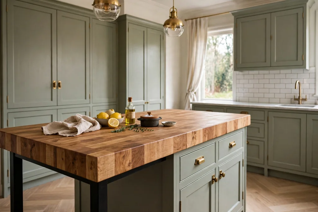 Kitchen island topped with thick butcher block wood beside painted cabinets.