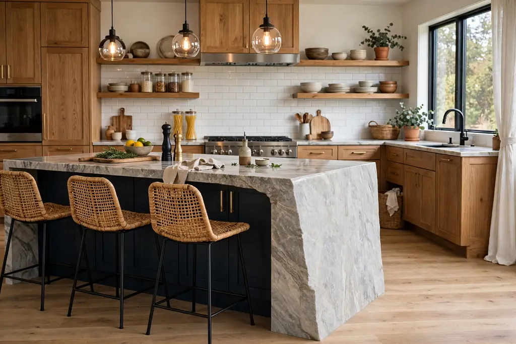 Kitchen island with a waterfall counter edge running down the side to the floor.