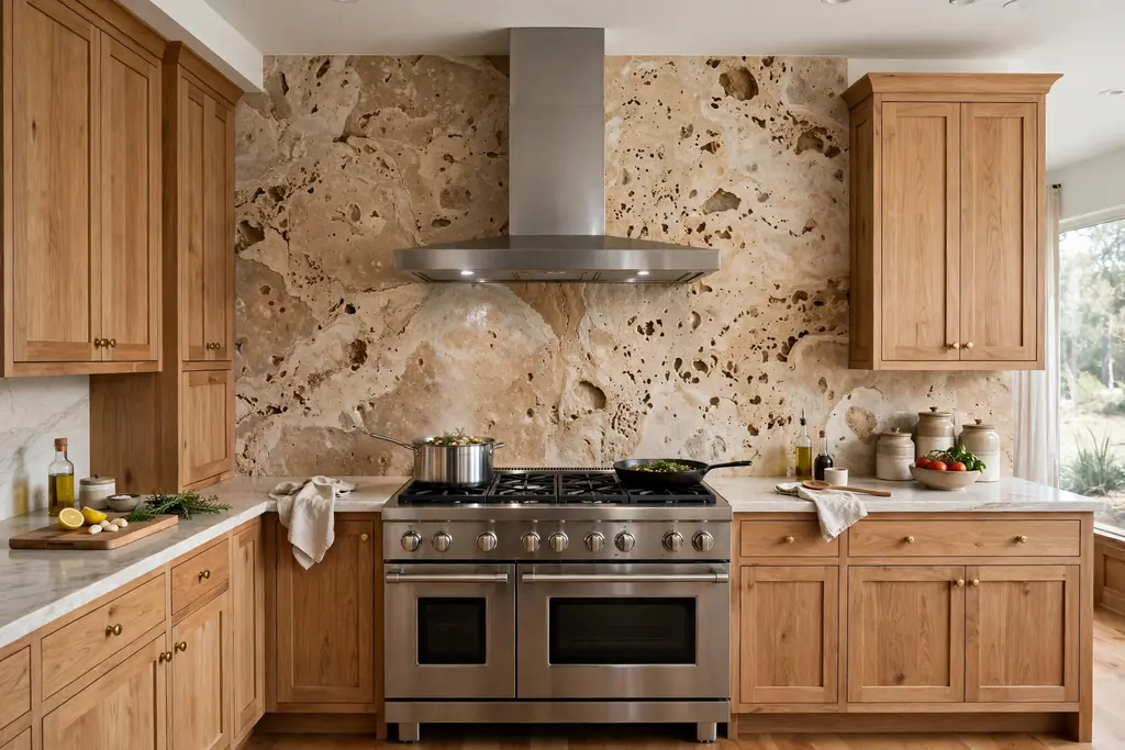 Kitchen wall with a full height stone backsplash slab behind the stove.