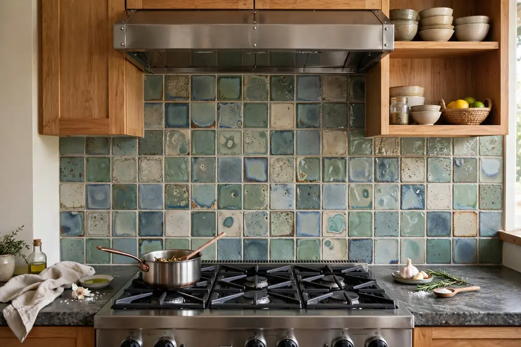 Kitchen backsplash of handmade look tiles with varied glaze behind a stove.