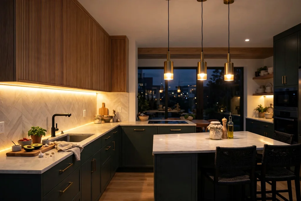 Kitchen counter lit by under cabinet strips with pendant lights over the island in the evening.