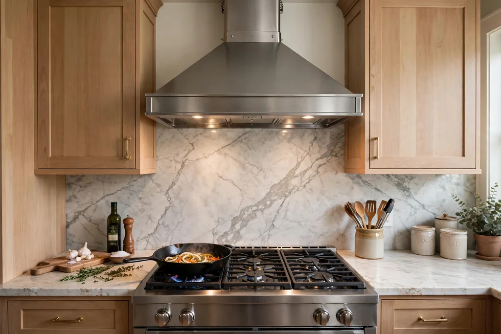 Kitchen cooking wall with a chimney range hood as the focal point above the stove.