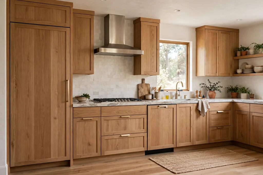 Kitchen with panel ready fridge and dishwasher blended into matching cabinet fronts.