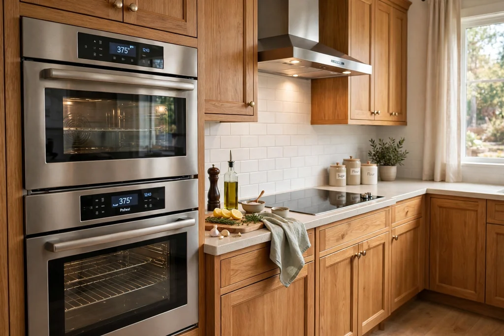 Wall oven stack beside a prep counter with a separate cooktop on the counter.