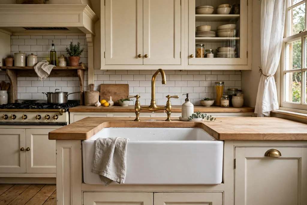 Farmhouse sink with a visible apron front and a bridge tap in a traditional kitchen.