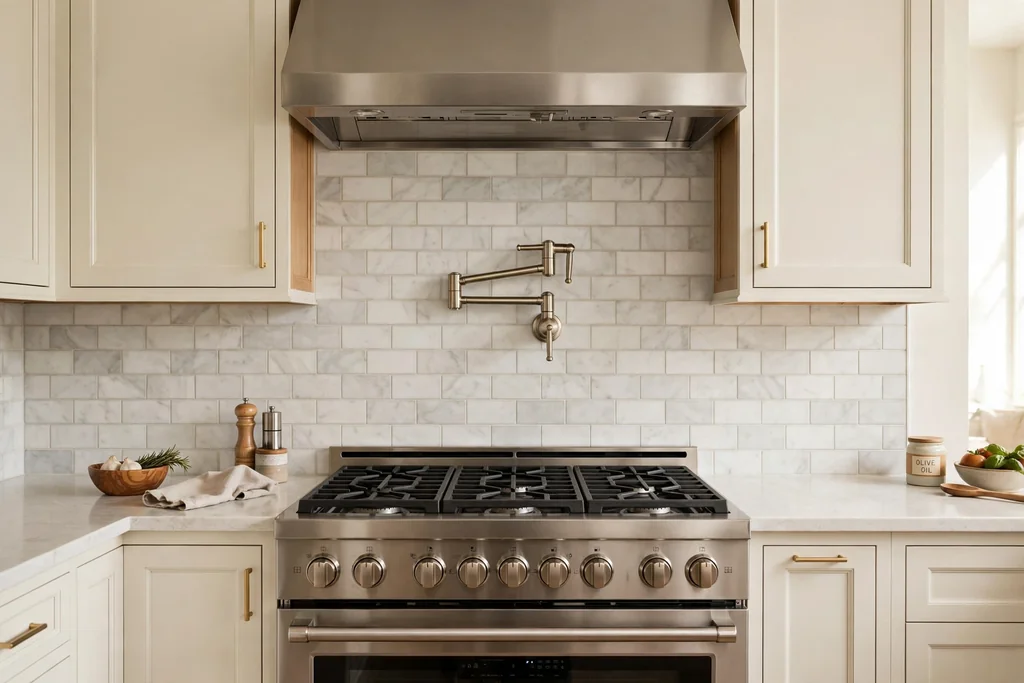 Pot filler tap folded above a range in a kitchen cooking wall.