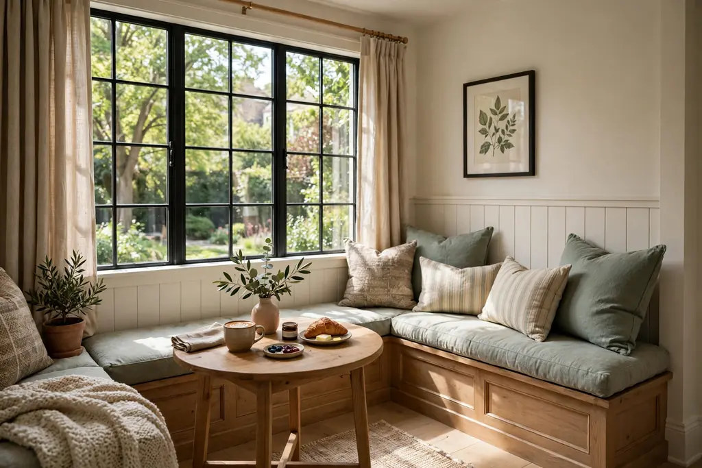 Banquette breakfast nook with a fixed bench, cushions, and a small table by a window.